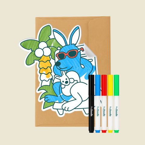 Reusable Gifting Card™ with a kangaroo character, an envelope and five markers on a beige background