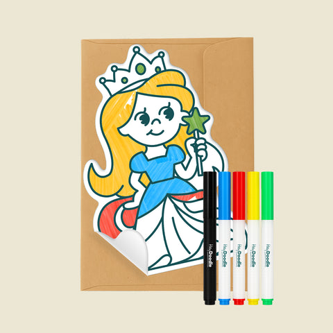 Reusable Gifting Card™ with princess character, an envelope and five markers on a beige background