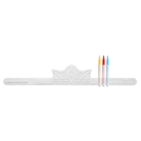 HeyDoodle Australia Royal Crown, a reusable, wearable silicone colouring crown featuring embossed patterns, accompanied by three silicone-safe markers in red, yellow, and blue.