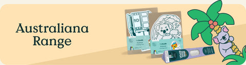 Banner displaying "Australiana Range" with pastel silicone koala, eucalyptus, and tree illustrations, designed for creative colouring.
