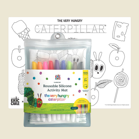 The HeyDoodle Australia The Very Hungry Caterpillar™ Classic Colouring & Doodle Mat showcases vibrant, playful illustrations inspired by The Very Hungry Caterpillar on a smooth, reusable silicone surface. In front of the mat sits a set of colourful dry-erase markers, ready for hours of creative colouring and doodling. Designed for endless use, this silicone mat easily wipes clean after each artistic session, making it perfect for mess-free fun.