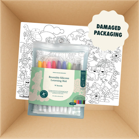HeyDoodle Australia Speech Therapy Mats (Damaged packaging) including a silicone activity mat and nine colorful markers in a clear pouch, displayed over a printed silicone coloring sheet in a box.