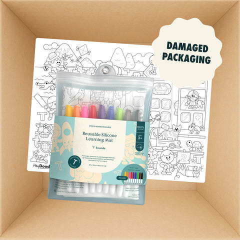 HeyDoodle Australia Speech Therapy Mat (damaged packaging) featuring a reusable silicone mat with black-and-white illustrations of items starting with the letter T and markers inside a shipping box.