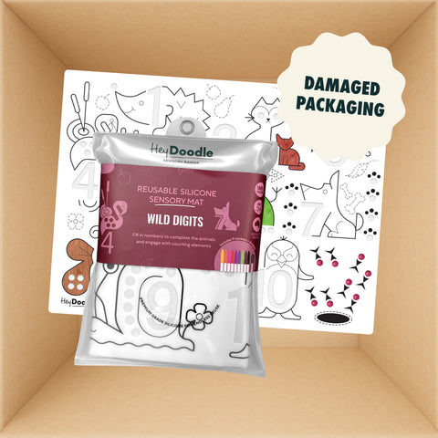 A HeyDoodle Australia reusable silicone sensory mat featuring numbered animal illustrations inside a clear pouch, presented in a box with a Damaged Packaging sticker.