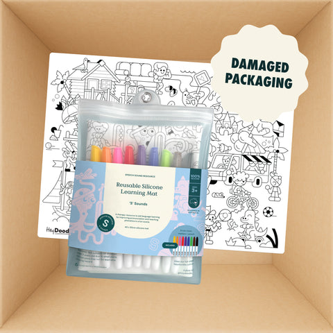 HeyDoodle Australia Speech Therapy reusable silicone mats and a set of markers in a clear pouch, featuring a second chance Damaged Packaging label overlay.