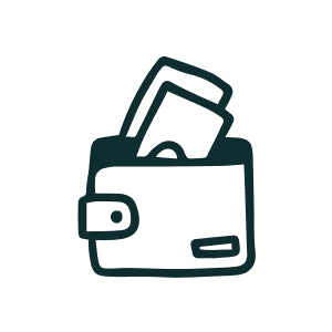 Minimalist black and white silicone wallet icon with two rectangular silicone sheets peeking out, outlined in a hand-drawn style.