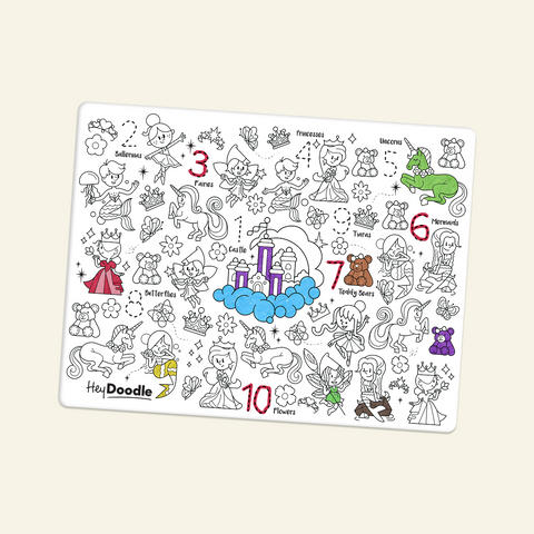 The HeyDoodle Australia Classic Colouring & Doodle Mat (Single Mat Only) is a reusable silicone mat decorated with outlined images of princesses, unicorns, mermaids, teddy bears, butterflies, and flowers. At the centre of the mat is a brightly coloured castle, while other designs are partially filled in and marked with numbers for added interactive fun. The mat is designed to be folded neatly for easy shipping and arrives securely packaged to ensure safe delivery.