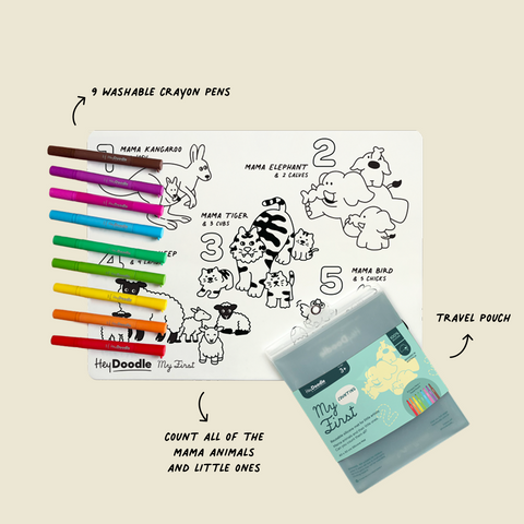 HeyDoodle’s My First Counting Mat features colourful silicone, animal designs, nine washable crayons, and a silicone travel pouch.