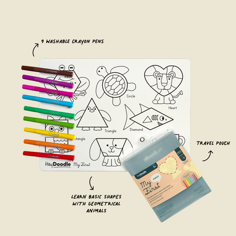 HeyDoodle’s My First Shapes Mat showcases geometric animal designs, 9 bright washable crayons, and a labeled silicone travel pouch.