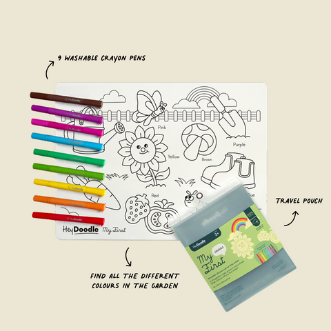 HeyDoodle's My First Colours features a colourful garden-themed silicone mat, 9 washable crayons, and a labeled silicone pouch.