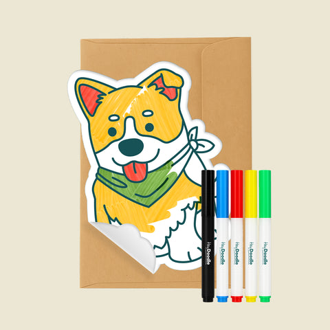 Dog illustration Reusable Gifting Card™ with a brown envelope and five markers on a beige background