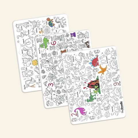 A 3 Classic Mat Only (Choose-Your-Own) set featuring reusable white silicone mats with black line-art illustrations of animals, princesses, and dinosaurs for colouring, each detailed with colourful highlights and text labels.