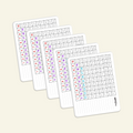 A stack of five HeyDoodle 100 Square Mat Only (5-Pack) white silicone learning mats, each featuring a 100-square grid of numbers from 1 to 100 and a row of colorful boxes highlighting the first column for educational play.