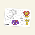 HeyDoodle Australia MiniMat reusable silicone activity mat featuring black outlines of shapes and animals, including partially coloured drawings of a turtle, shark, lion, dog, and giraffe alongside dashed shapes to trace.