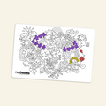 MiniMat (Single Mat Only) reusable silicone activity mat featuring a whimsical treehouse landscape with black-and-white line art, partially filled in with purple and yellow ink for creative colouring.