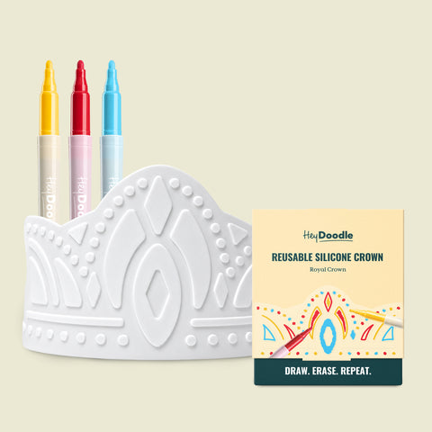 HeyDoodle Australia Royal Crown, a reusable silicone colouring crown featuring embossed jewel patterns, accompanied by three markers and its matching product box.