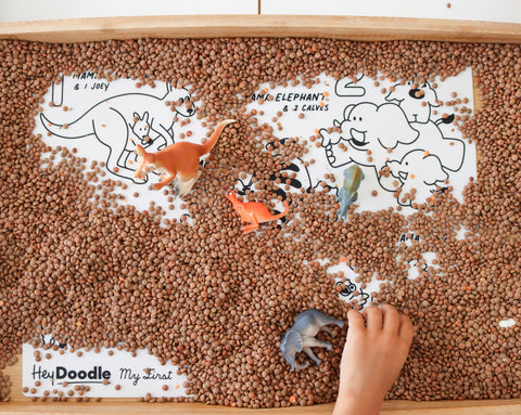 A child’s hand plays with toy dinosaurs on lentils, partly covering colourful animal names and illustrations on a silicone HeyDoodle mat.