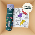 A cylindrical silicone container featuring animal and space illustrations next to a HeyDoodle Australia Mini Mats (Damaged packaging) reusable silicone activity mat decorated with outline drawings of Australian animals, some partially filled with colour.