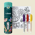 The HeyDoodle Flower Power reusable silicone mat shows Aussie floral, butterfly, and bee outlines, plus three colorful markers by its tube.