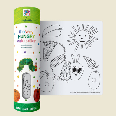 The HeyDoodle Australia The Very Hungry Caterpillar™ Mini Colouring & Doodle Mat features a reusable silicone mat printed in black and white with illustrations of the caterpillar, sun, apples, and leaves for children to colour. The travel-friendly silicone mat comes in vibrant packaging decorated with colourful dots and playful designs, bringing creative colouring fun on the go.