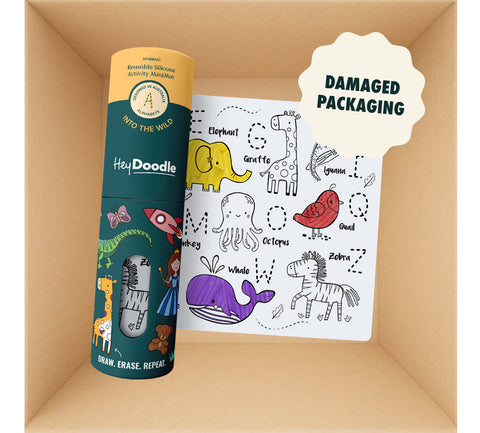 HeyDoodle Australia Mini Mats set (damaged packaging) featuring a square silicone activity mat with an alphabet theme and a cylindrical silicone container decorated with animal illustrations.