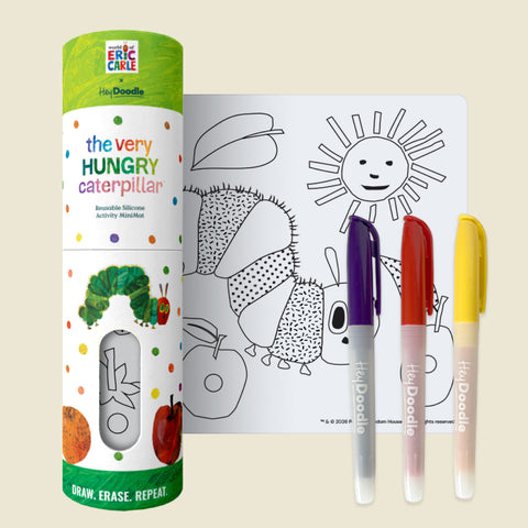 Shown is the HeyDoodle Australia The Very Hungry Caterpillar™ Mini Colouring & Doodle Mat, a reusable silicone mat adorned with the classic caterpillar illustration. The set includes the vibrant mat, a sleek storage tube for easy organization, and three colourful markers in purple, red, and yellow. Designed for portable creative play, this silicone-based activity kit lets children enjoy colouring fun wherever they go.