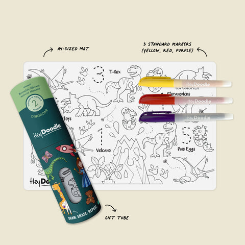 The DinoRoar Mini set features an A4 silicone erasable mat, yellow, red and purple markers, and a green tube perfect for colourful dino-themed creativity.