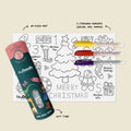 The HeyDoodle Jingle Bells Mini features an A4 silicone mat with festive designs, three colourful markers of yellow, red and purple, and a cheerful gift tube.
