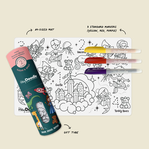 HeyDoodle Sugar & Spice Mini Mat: a reusable silicone A4 mat with fairies, unicorns, castles, teddy bears & 3 colourful markers.