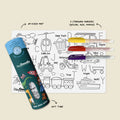 HeyDoodle Toot Toot Honk reusable silicone mat with transport designs, three markers (yellow, red, purple), in green and blue tube.