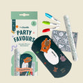 HeyDoodle Sketchband Party Favours (8 pack) include colourful silicone bands with dinosaur patterns, 3 markers, and an erasing cloth.