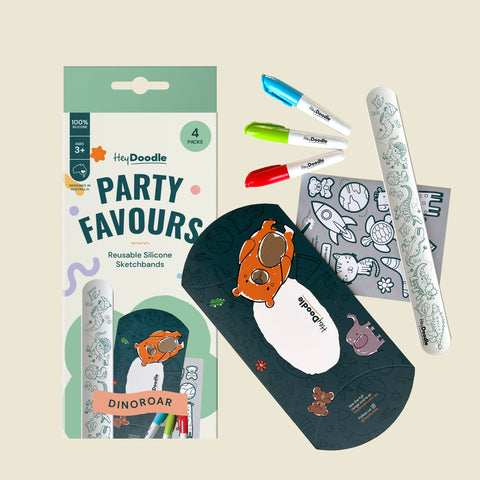 HeyDoodle Sketchband Party Favours (8 pack) include colourful silicone bands with dinosaur patterns, 3 markers, and an erasing cloth.