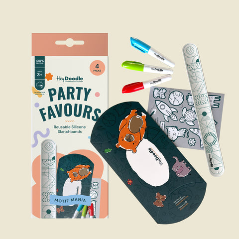 HeyDoodle Motif Mania Sketchband Party Favours: 4 reusable silicone animal bands, 3 colourful markers, stencil, party box.