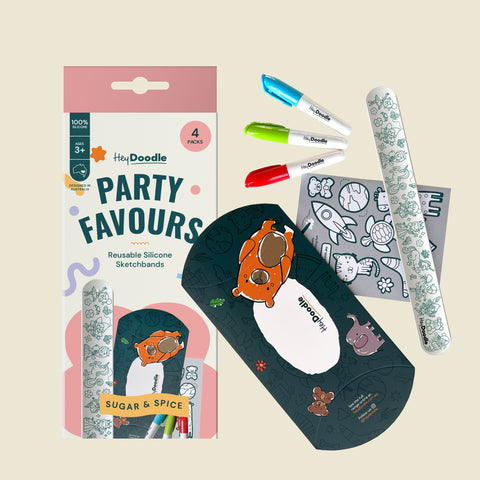 HeyDoodle Sugar & Spice Sketchband Party Favours (4 pack) features silicone animal bands, 3 markers, and vivid, kid-friendly packaging.