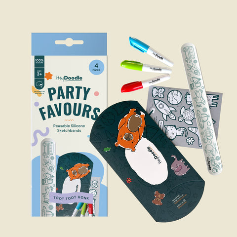 HeyDoodle Toot Toot Honk Sketchband Party Favours: 4 reusable silicone bands with animal prints, 3 colourful markers, gift packaging.