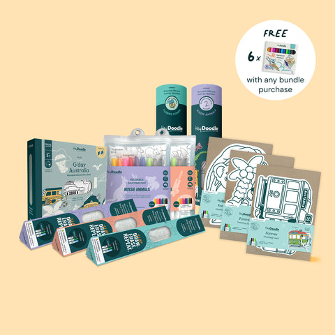 The HeyDoodle Australiana Bundle Wholesale showcases a collection of Australian-themed kids’ art supplies, including sets of colourful markers, reusable silicone colouring mats adorned with playful Aussie animal patterns, silicone animal activity cards featuring beloved native creatures, and silicone play dough. A beige label on the bundle notes: “Free 6x markers with any bundle purchase.”.