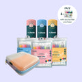 HeyDoodle’s Starter Bundle Wholesale displays a selection of reusable silicone activity mats available in both Mini Mat and Classic Mat sizes, each designed for colouring fun. The set includes colourful marker packs and comes with a pastel-toned silicone carrying case. A sticker on the display announces that every bundle purchase comes with a complimentary 6-pack of markers. The entire collection is arranged neatly against a light purple background.