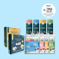 A HeyDoodle Set For Success Bundle Wholesale is displayed on a light blue background, featuring an array of reusable silicone mats in classic and mini sizes designed for colouring and creative play. The set includes silicone-based activity kits and colourful marker packs, all intended for repeated use. A round label highlights a special offer of 6 free markers with the purchase of any bundle.