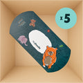 Set of five dark teal silicone Gifting Boxes, each featuring a playful cartoon bear and elephant, with a x5 quantity icon displayed in the corner.