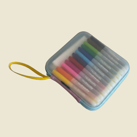 The HeyDoodle Australia Travel Case is a blue silicone zippered case with a yellow strap and twelve colorful markers inside.