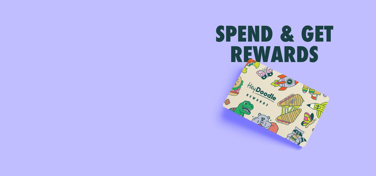 A vibrant silicone rewards card features playful animal and nature doodles on a purple backdrop. Green text: SPEND & GET REWARDS.